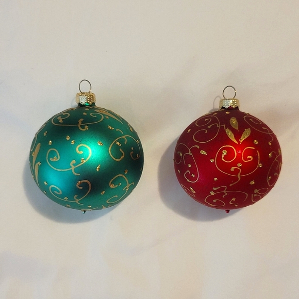🎄Vintage Rauch Handblown 3" Glass Ornaments~Green and Red w/Gold Accent